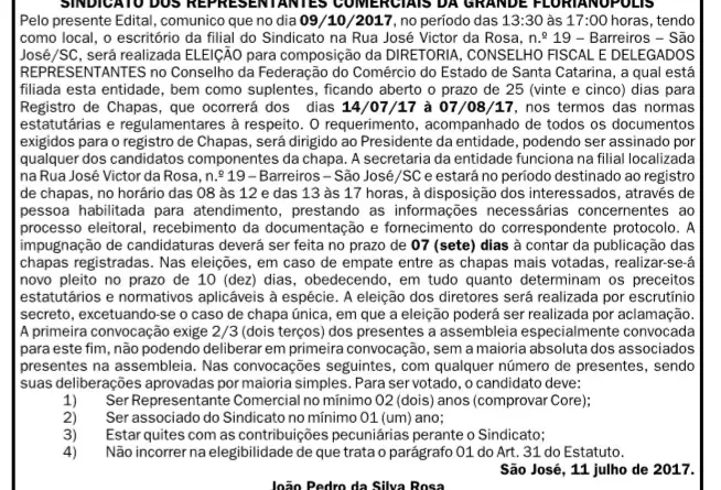 Publicação ELEIÇÕES SINDICAIS: 11/07/2017 no DC Publicação ELEIÇÕES SINDICAIS: 11/07/2017 no DC
