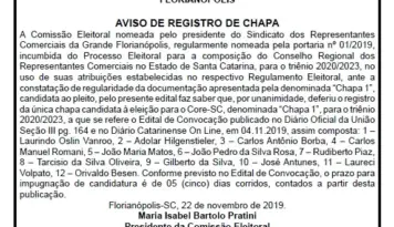 AVISO DE REGISTRO DE CHAPA _ ELEIÇÕES CORE/SC