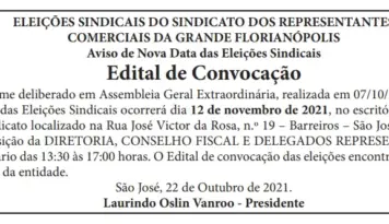 ELEIÇÕES SINDICAIS DO SINDICATO DOS REPRESENTANTES COMERCIAIS DA GRANDE FLORIANÓPOLIS