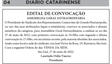Edital de Convocação Assembleia Geral Extraordinária - VENDA DA SEDE