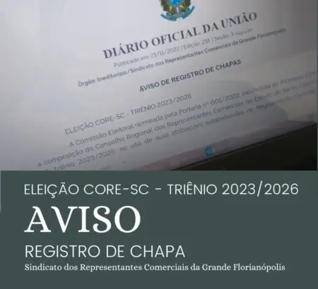 ELEIÇÃO CORE-SC - TRIÊNIO 2023/2026 - AVISO REGISTRO DE CHAPA